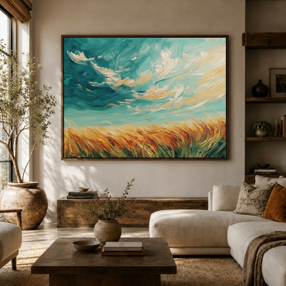 Large wheat field canvas wall art hanging above sideboard in bright living room with olive tree décor