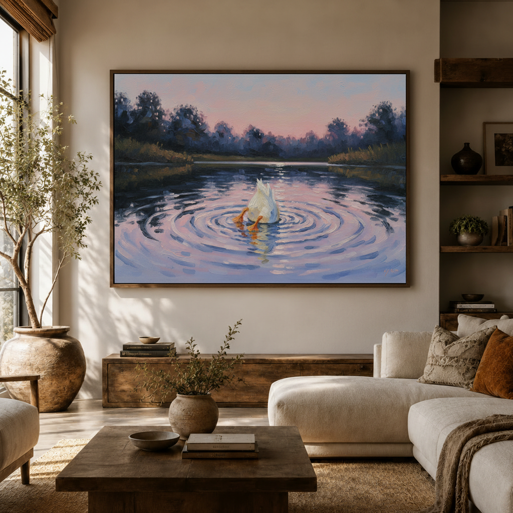 Framed duck diving into twilight lake painting hung in organic modern living room above console