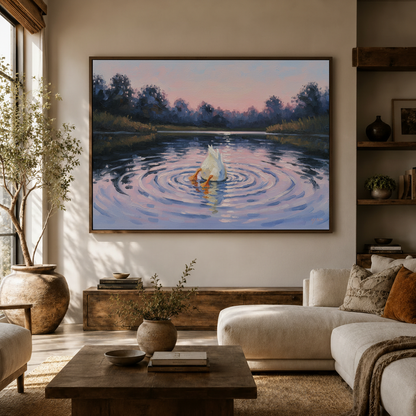 Framed duck diving into twilight lake painting hung in organic modern living room above console