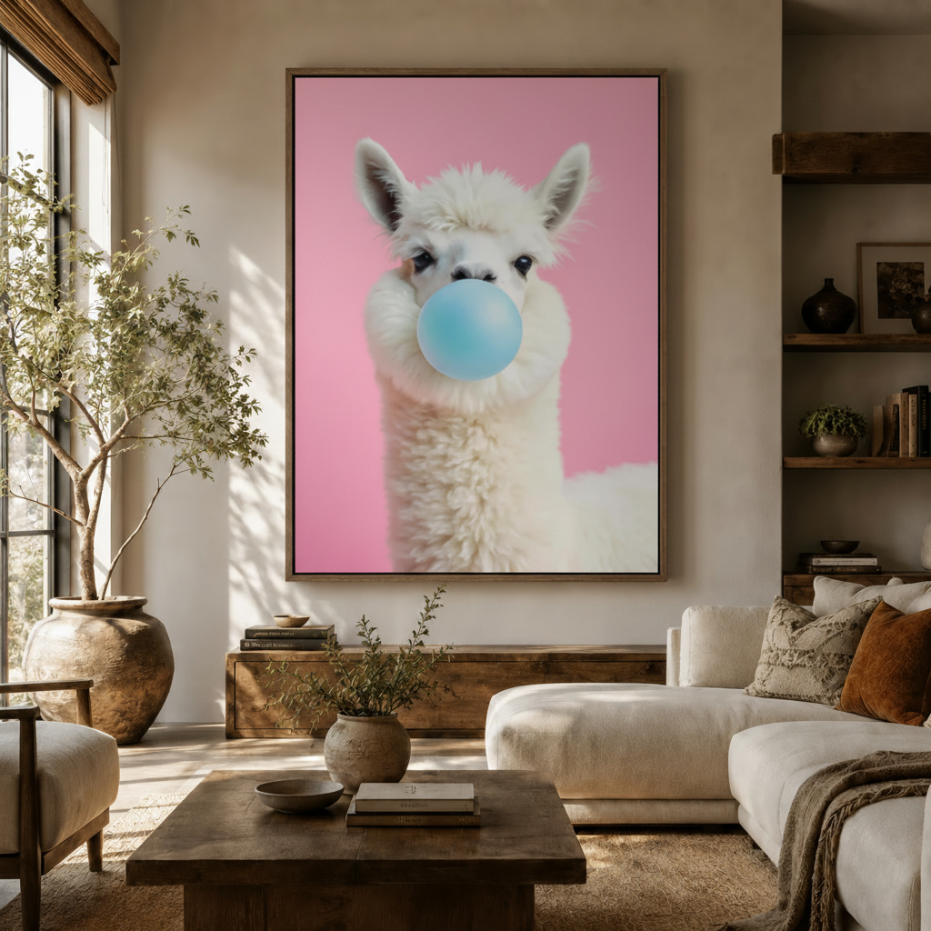 Large alpaca bubble gum pop art canvas wall art above sofa in bright boho living room