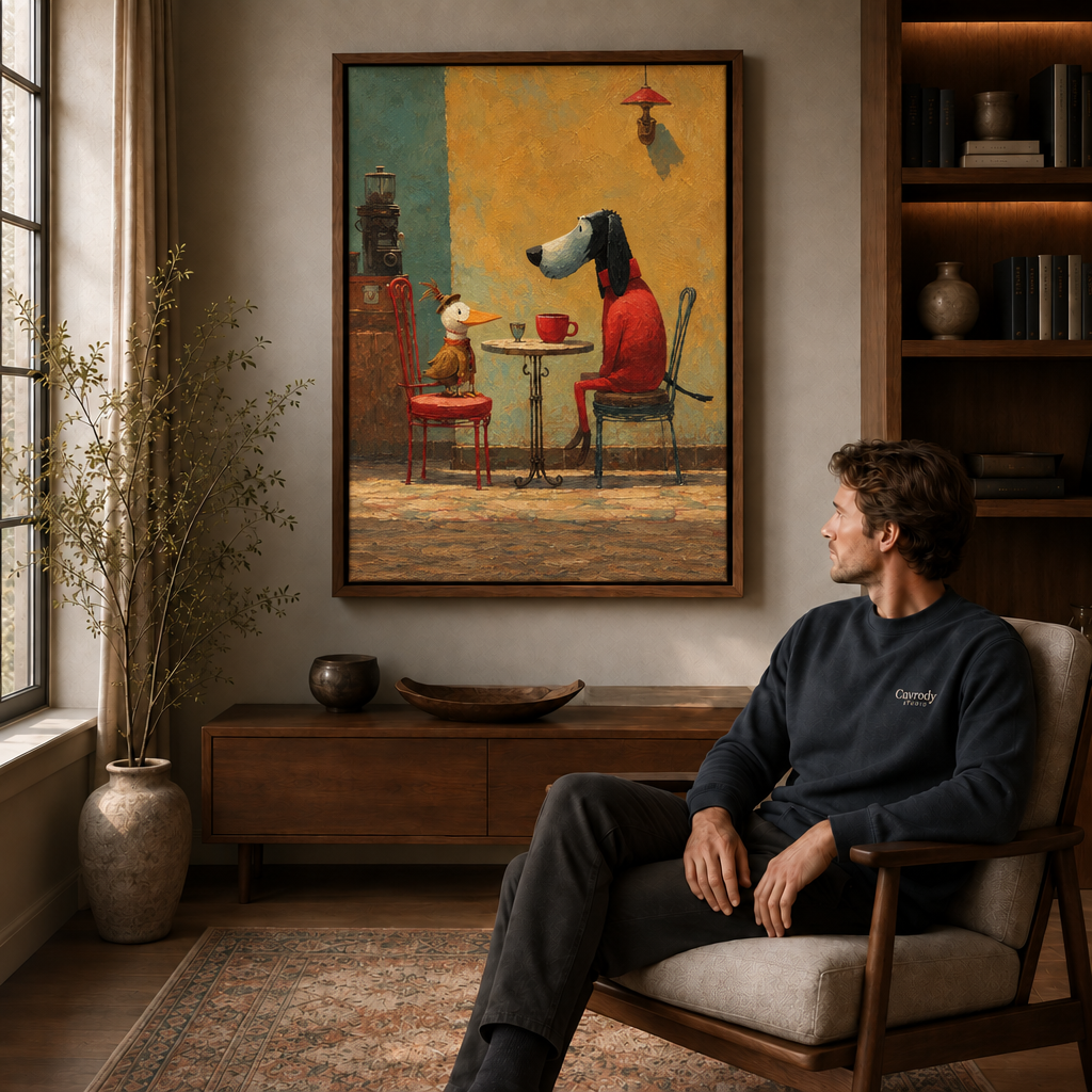 Dog and duck café wall art styled beside a seated man in a warm living room