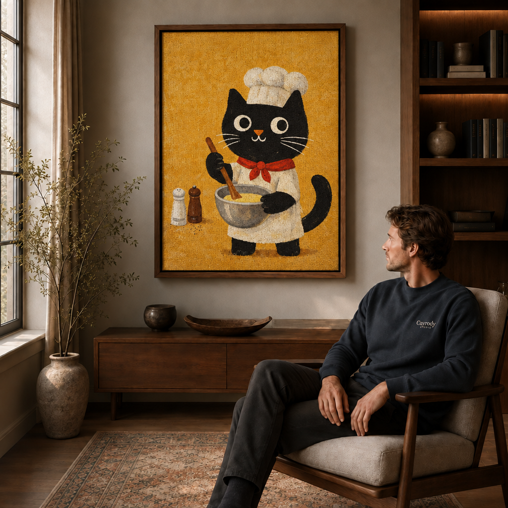 Whimsical black cat kitchen canvas displayed beside a seated man in a warm study.