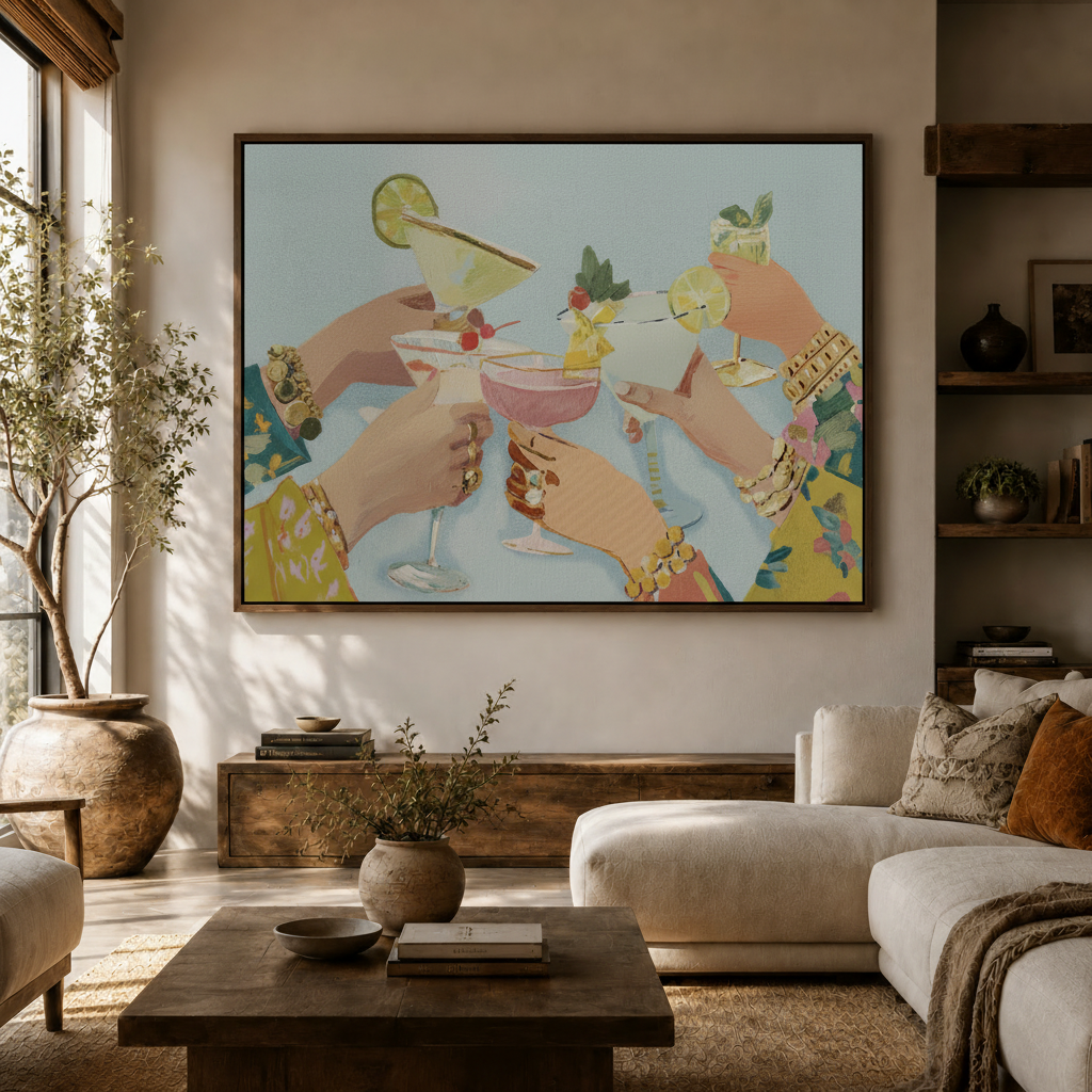 Colorful cocktail illustration canvas print hung above a white sofa in a bright modern living room