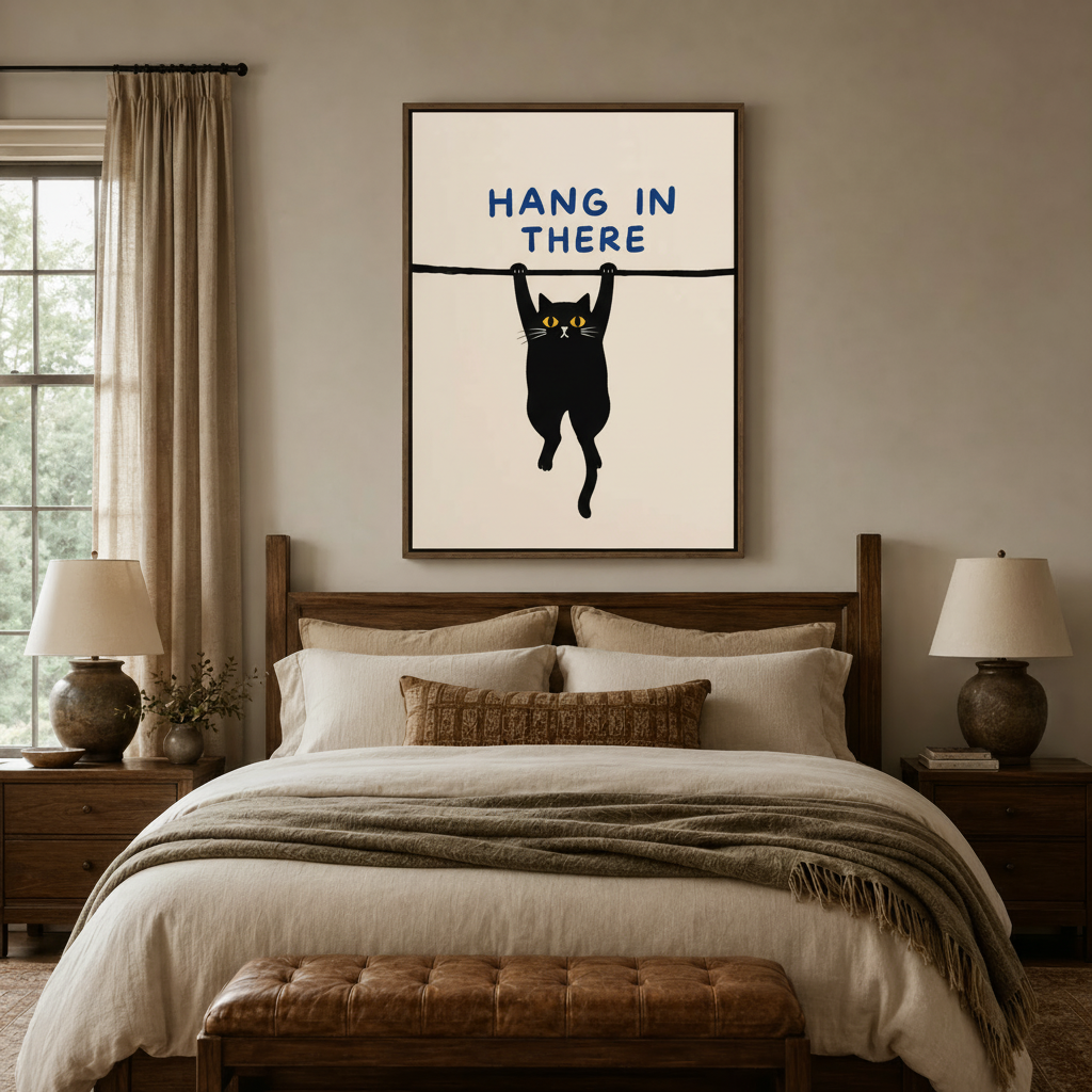 Hang In There black cat canvas print hung above a rustic wooden bed in a cozy farmhouse bedroom