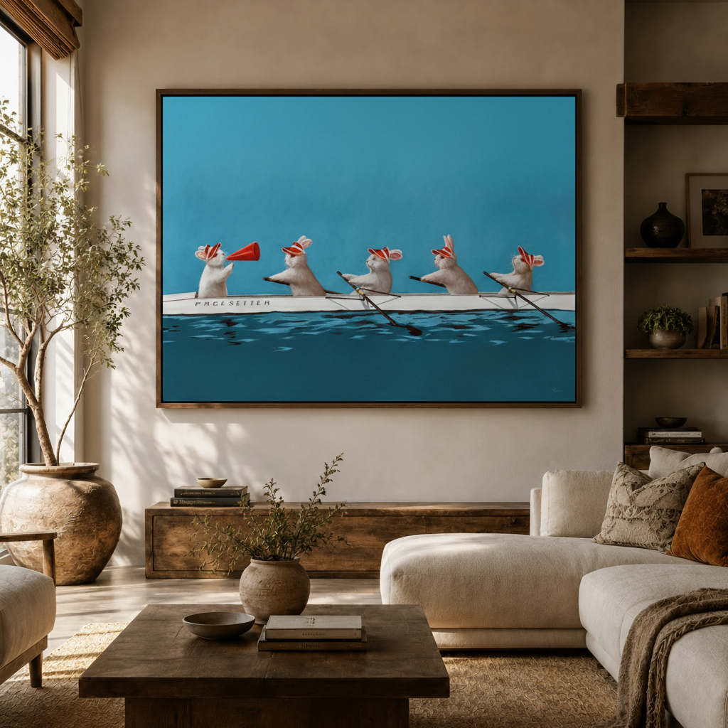 Five rowing rabbits canvas print hanging above console in bright modern living room interior