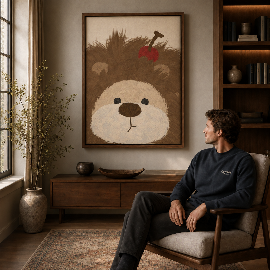 Man seated in an armchair beside a walnut floating-frame wall art of a fluffy brown dog with a red apple.