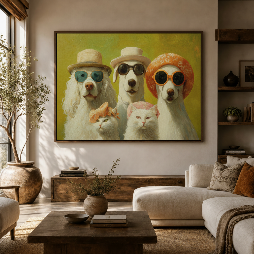 Framed quirky dogs in hats cats in bows portrait canvas displayed large in warm modern living room