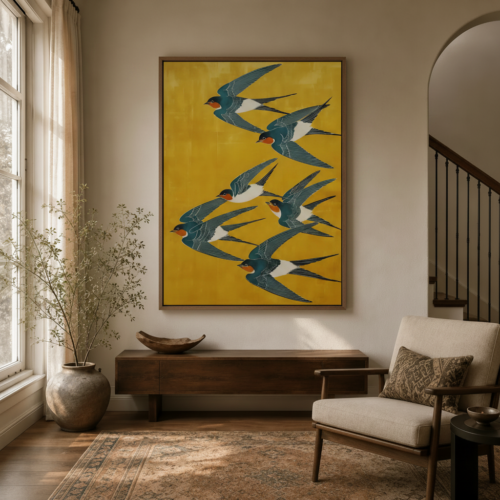 	Framed barn swallow bird canvas print hanging in a modern entryway beside a wooden console and linen armchair