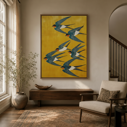 	Framed barn swallow bird canvas print hanging in a modern entryway beside a wooden console and linen armchair