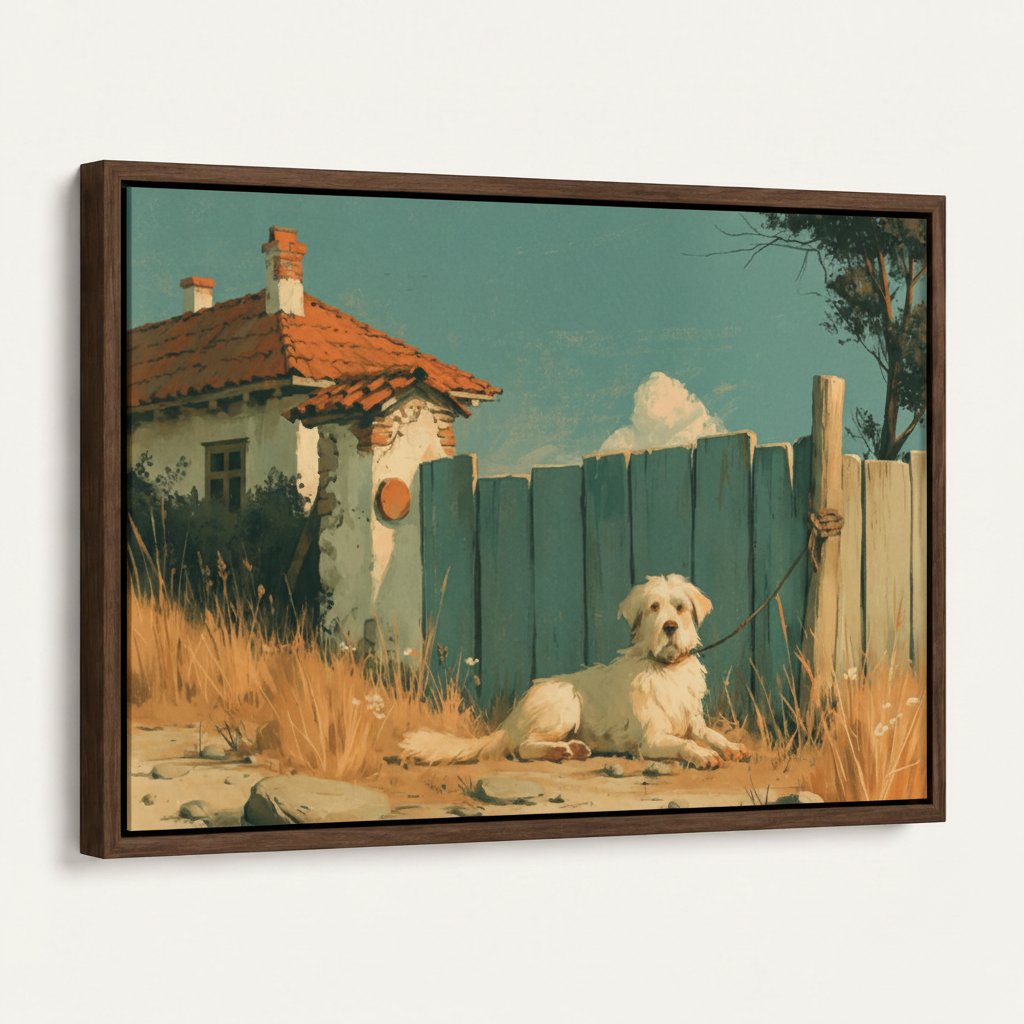 Framed white dog countryside canvas print in dark walnut float frame angled product view