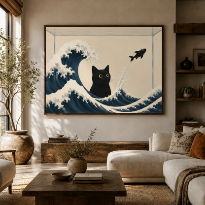 Black cat wave canvas wall art hung above white curved sofa in modern living room with wooden shelves and warm ambient lighting