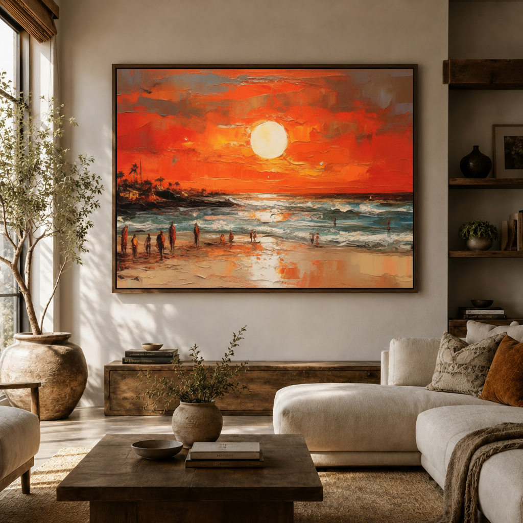 Bold red-orange beach sunset wall art in float frame above white curved sofa in modern living room