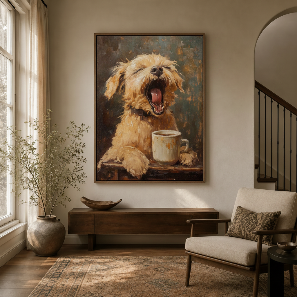 Humorous golden terrier oil painting canvas in walnut float frame hanging in cozy entryway