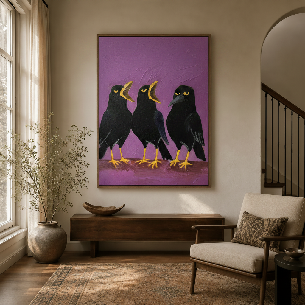 Bold black crow wall art in natural wood frame hung in a neutral entryway with walnut console