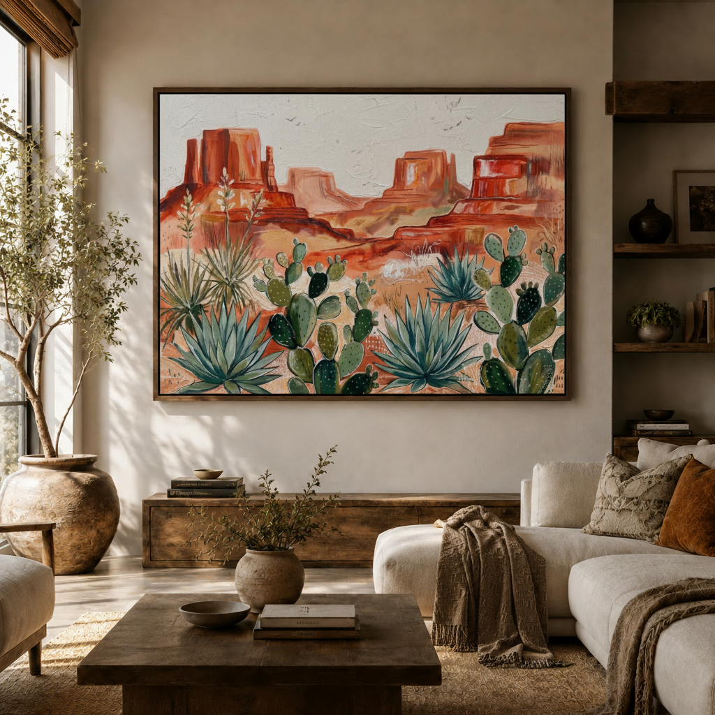 Large southwest wall art with red rocks and agave in boho living room above console