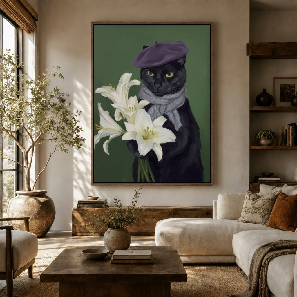 French-style black cat holding white lilies portrait hanging in a cozy neutral living room