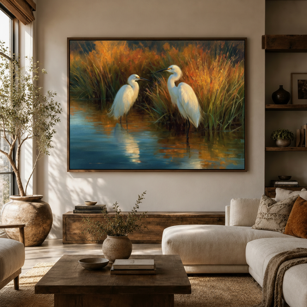 Framed two egrets golden autumn marsh classical canvas displayed above sideboard in warm modern living room