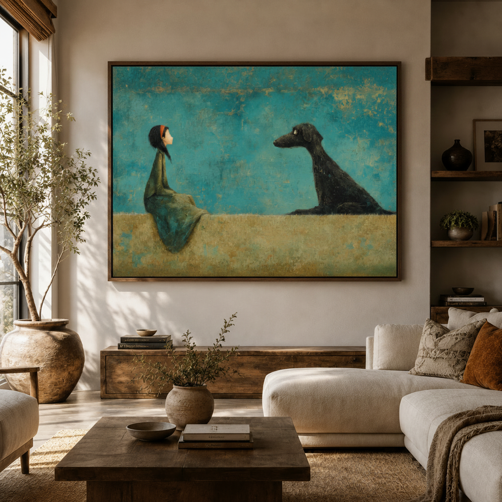 Girl and dog narrative canvas art in teal and sand tones hung in a cozy neutral-toned living room