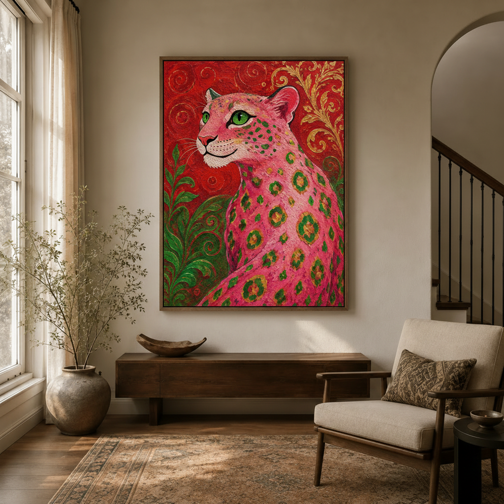 Pink leopard green eyes baroque canvas print in dark walnut floating frame displayed in modern entryway with arched doorway