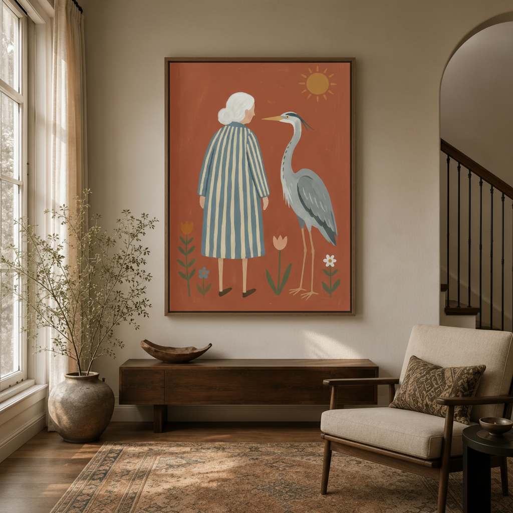 Folk art heron and woman wall art in dark walnut frame displayed in warm transitional entryway