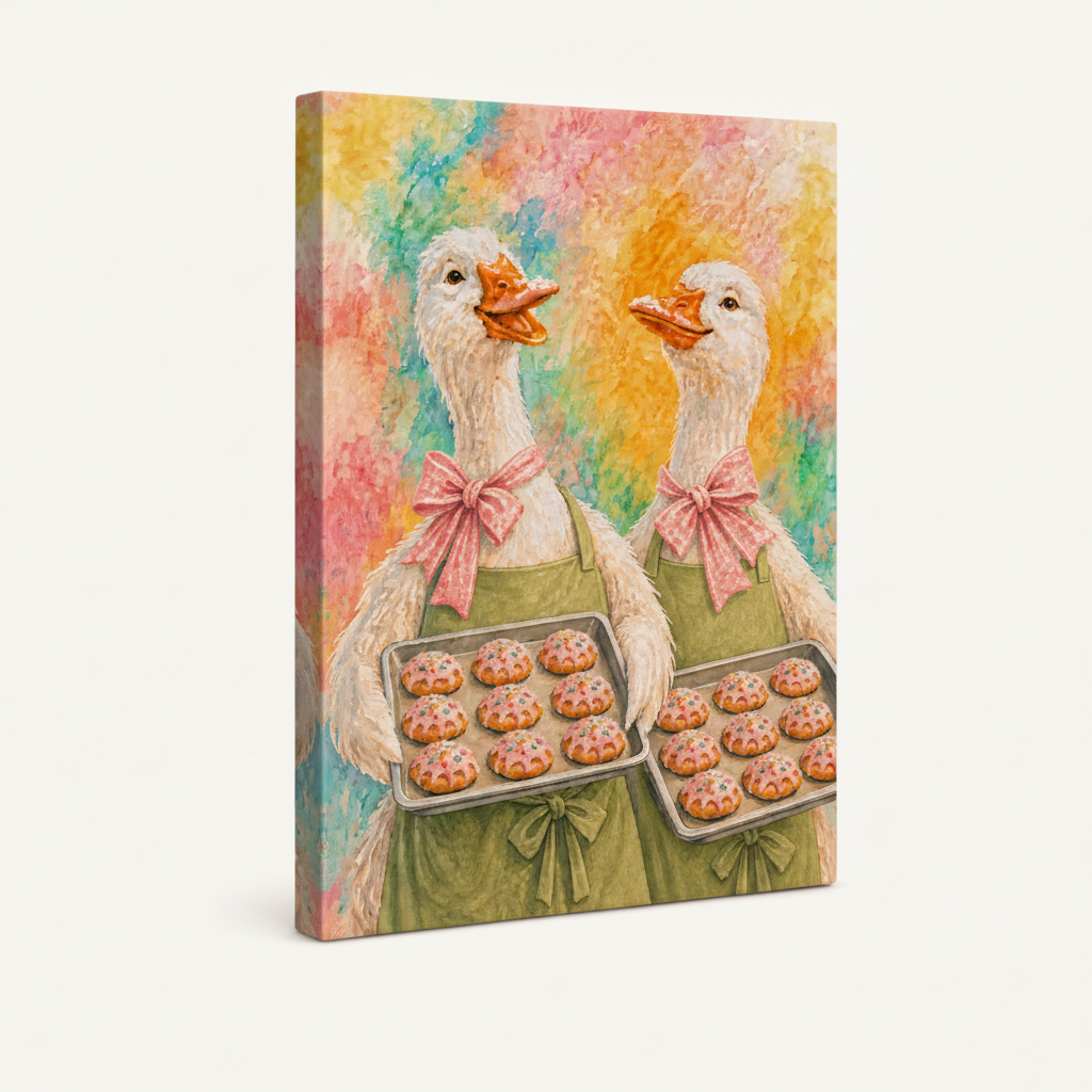 Side view of impasto goose baker canvas print showing wrapped edge detail