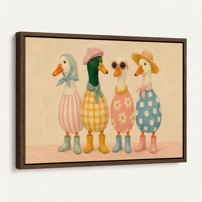 Framed duck canvas print in dark walnut float frame angled product view white background