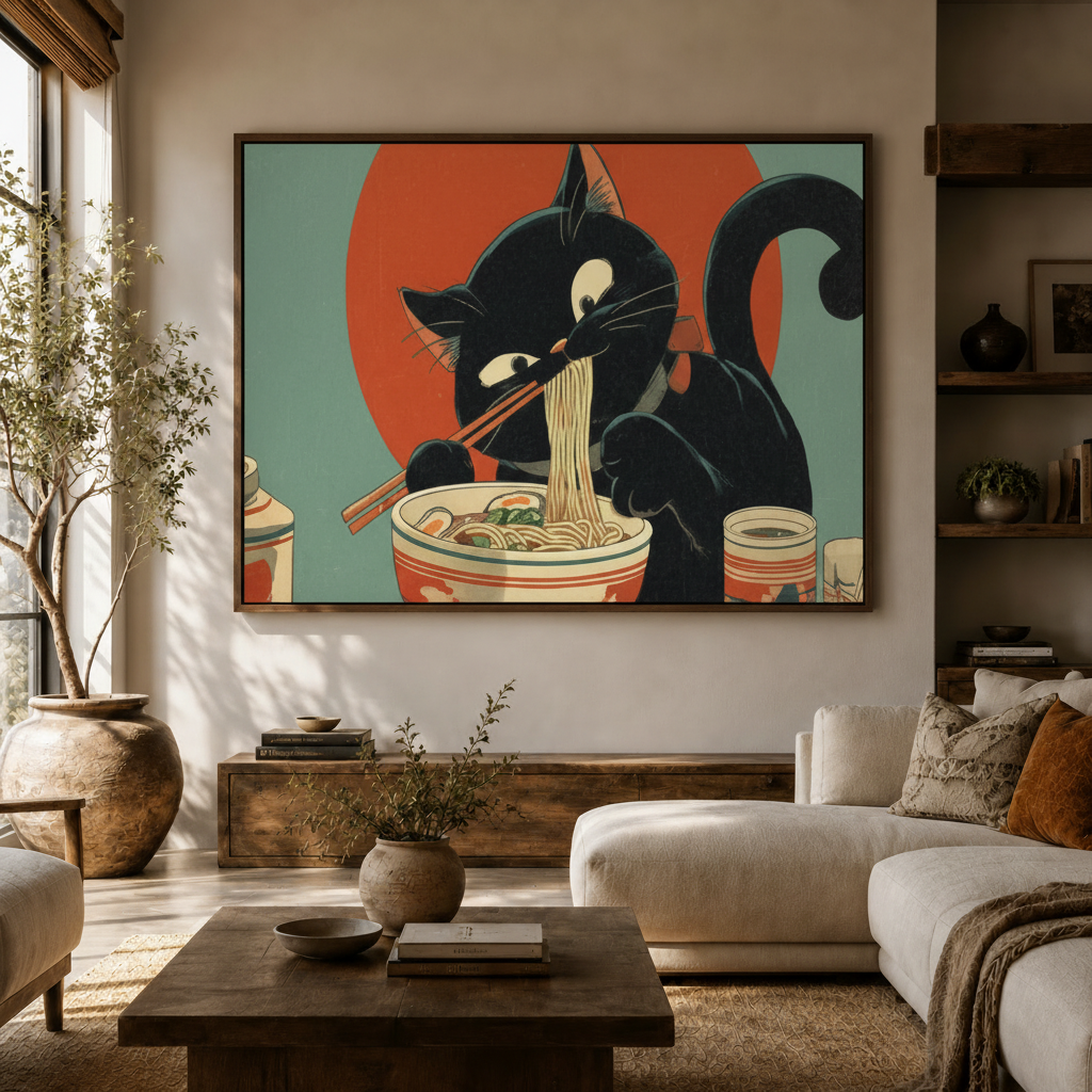 Framed black cat ramen ukiyo-e canvas wall art displayed in cozy living room
