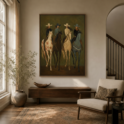 Cowgirl riders oil painting canvas in walnut float frame hanging in transitional entryway with arched doorway