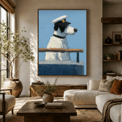 Nautical terrier captain impasto canvas hung above white sofa in bright modern living room