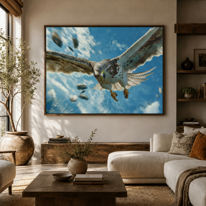 Diving falcon wall art with vivid blue sky and motion blur styled on a living room sofa wall