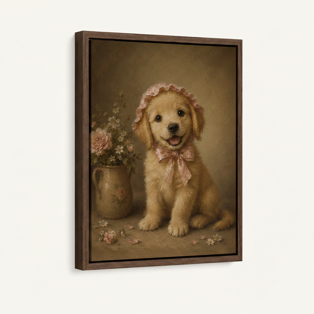 Golden puppy pink bonnet rose vase Victorian antique canvas in wide dark walnut float frame, 3/4 portrait angle