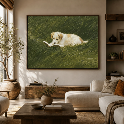 Dog reading book canvas wall art displayed above sideboard in modern neutral living room