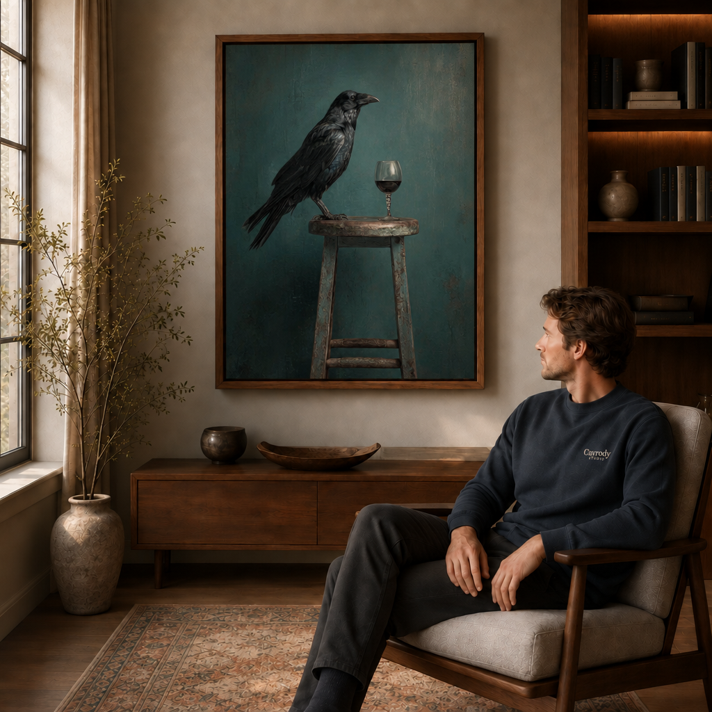 Raven and wine glass wall art styled beside a seated man in a sophisticated interior
