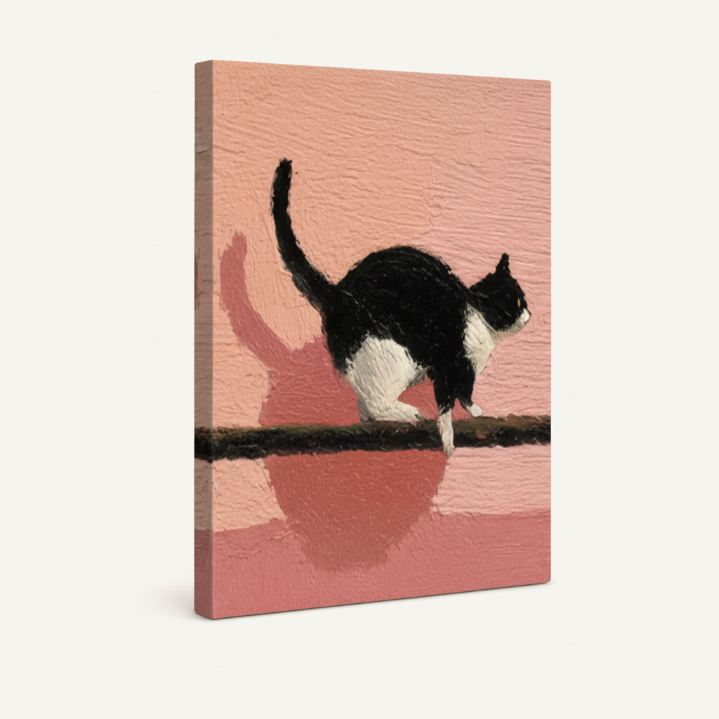 Gallery-wrapped whimsical cat canvas showing tuxedo cat on wire with blush pink background and thick wrapped edges