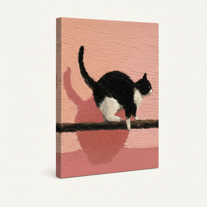 Gallery-wrapped whimsical cat canvas showing tuxedo cat on wire with blush pink background and thick wrapped edges