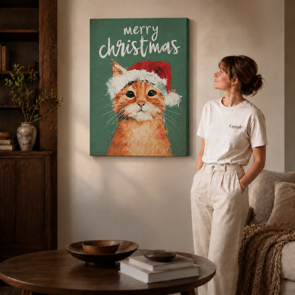 Christmas cat canvas art highlights expressive brushstrokes, a bright-eyed ginger tabby, and its classic Santa hat.