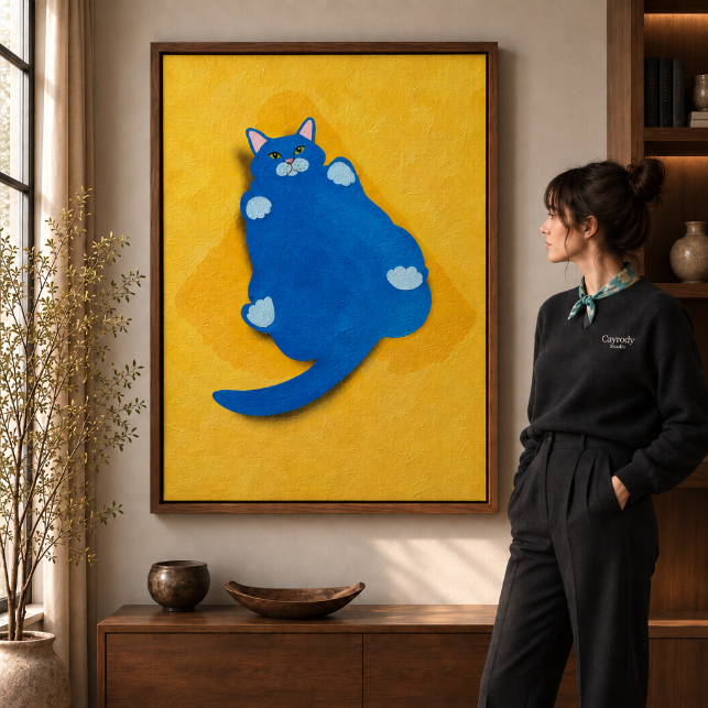 blue cat artwork in the walnut-framed scene 