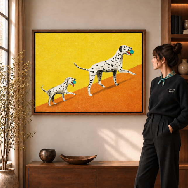 a walnut framed print of two spotted Dalmatians on yellow and orange