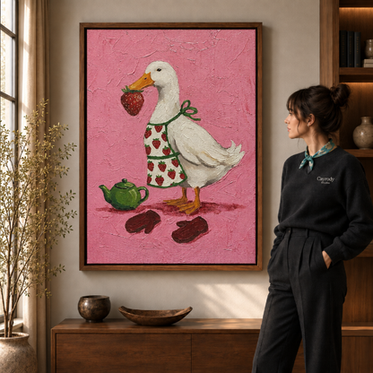 Duck with strawberry canvas wall art in a wooden frame, living room scene with window and plant.