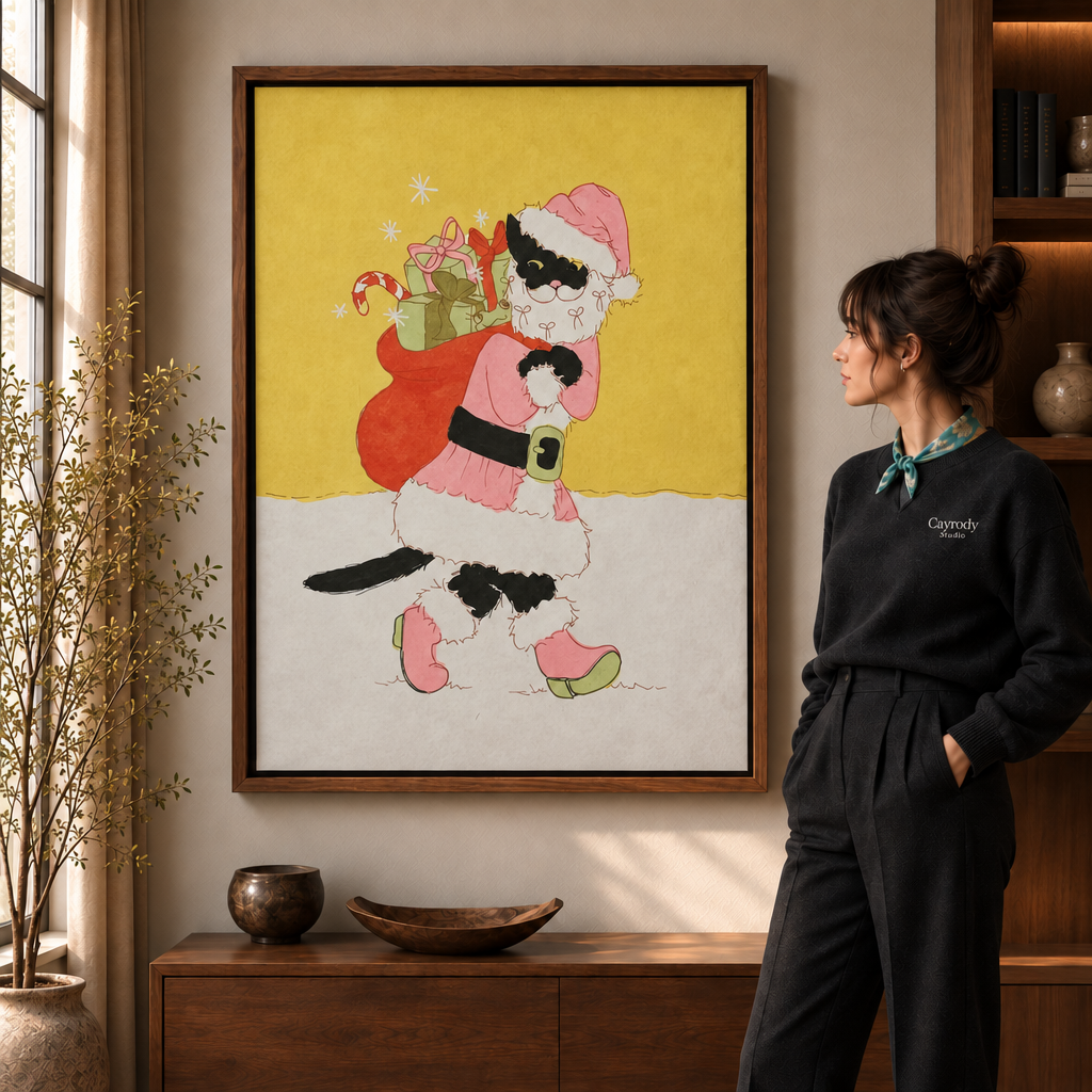 Framed Santa cat wall art showing a spotted cat in pink fur-trimmed clothes with a red sack of presents.