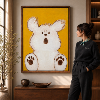 white dog canvas wall art in a wooden frame, living room scene with window and plant.