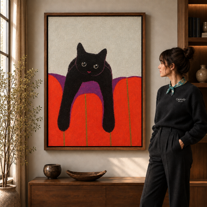 Black cat canvas wall art in a wooden frame, living room scene with window and plant.