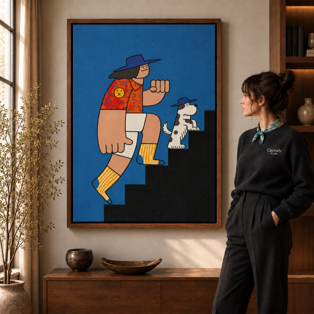 stairs illustration artwork in the walnut-framed scene