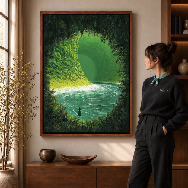 A walnut-framed green wave canvas wall art in a sunlit living room with a wooden sideboard.