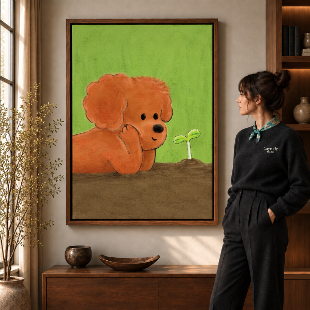 Walnut-framed whimsical poodle puppy canvas above a wooden credenza beside a sunlit window.