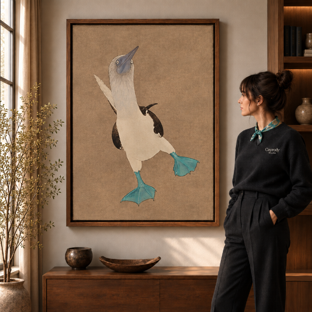 a walnut-framed blue-footed booby canvas wall art with teal feet on a tan ground.