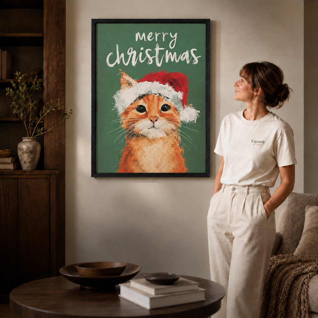 Festive orange tabby portrait in a Santa hat, with cheerful Merry Christmas script on a rich green backdrop.