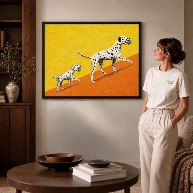 a black framed Dalmatian print of two spotted dogs carrying blue balls