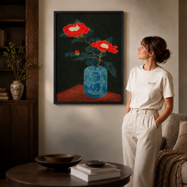 Red camellia canvas wall art in a black frame, modern living room.
