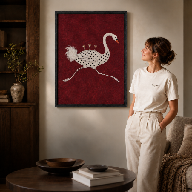 a black-framed whimsical canvas of a polka-dot swan on a deep red field.